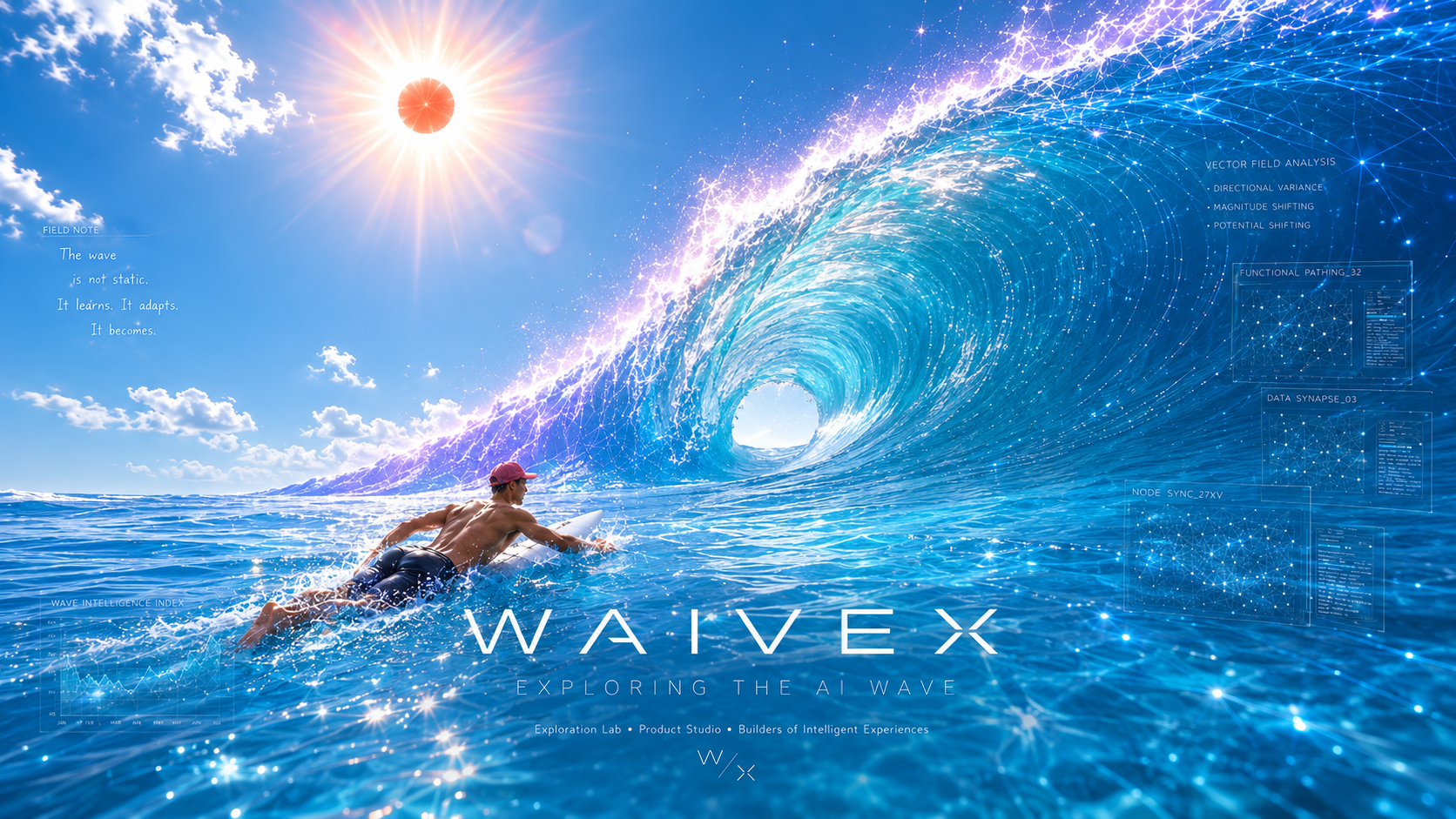 푸른 AI 파도를 향해 나아가는 서퍼와 WAIVEX 로고